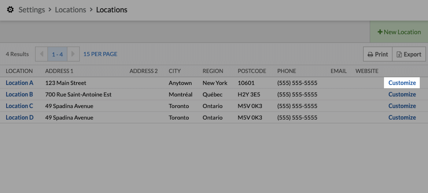 Lijst met locaties met de knop Aanpassen uitgelicht.