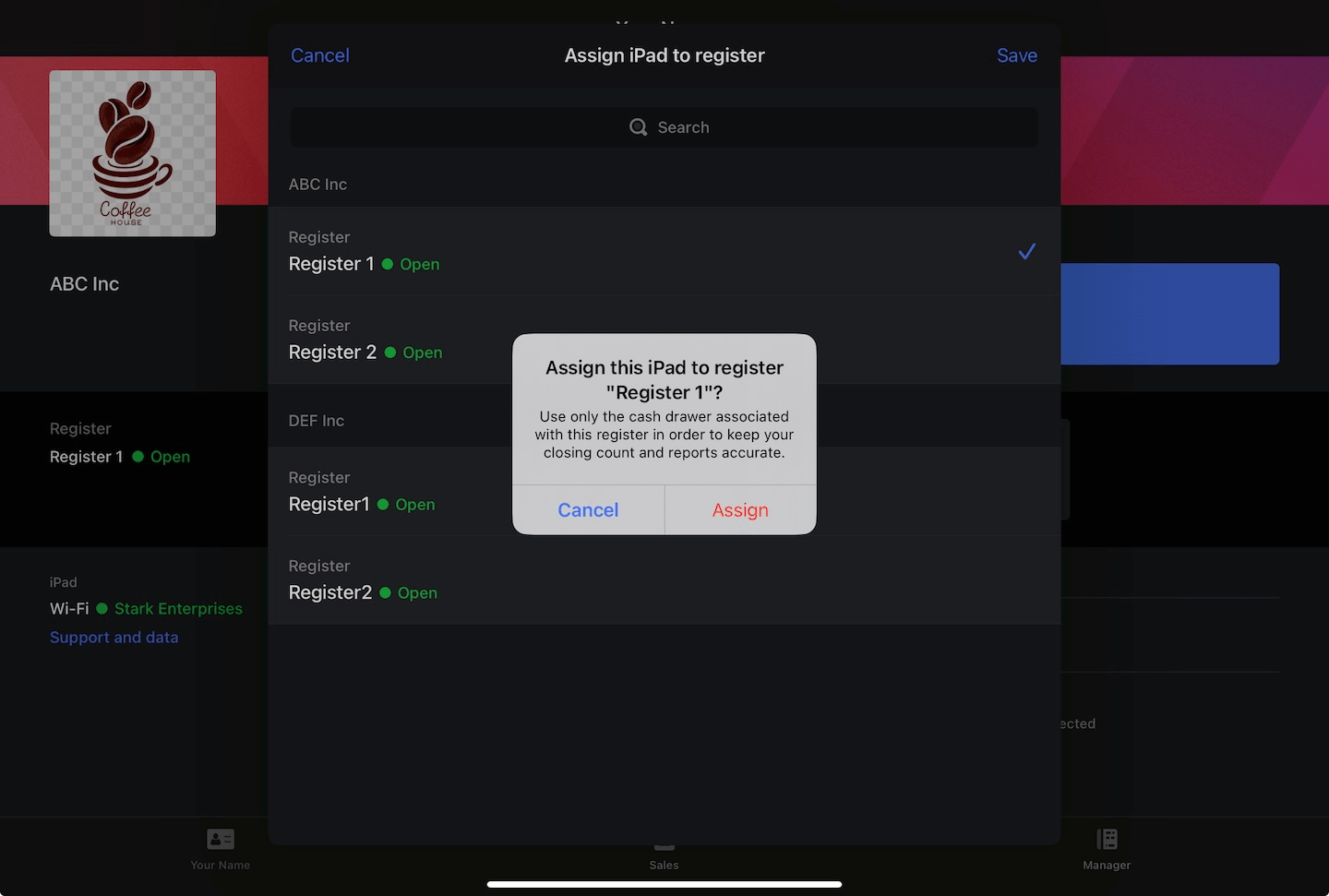 Pop-upvenster dat de toewijzing van een iPad aan een kassa bevestigt.