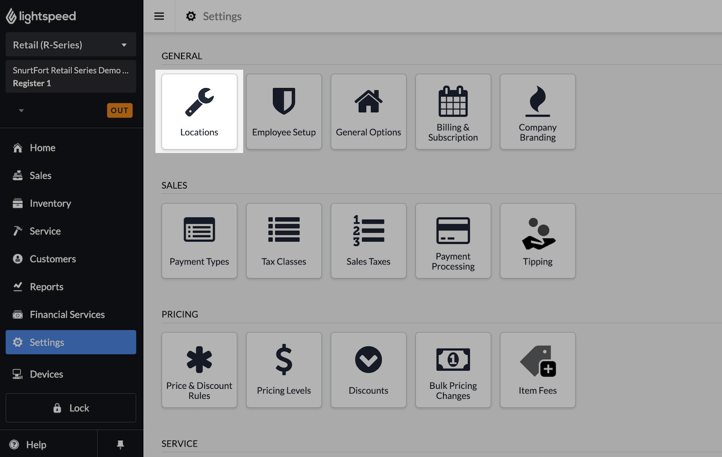 De pagina Instellingen met Locaties uitgelicht.