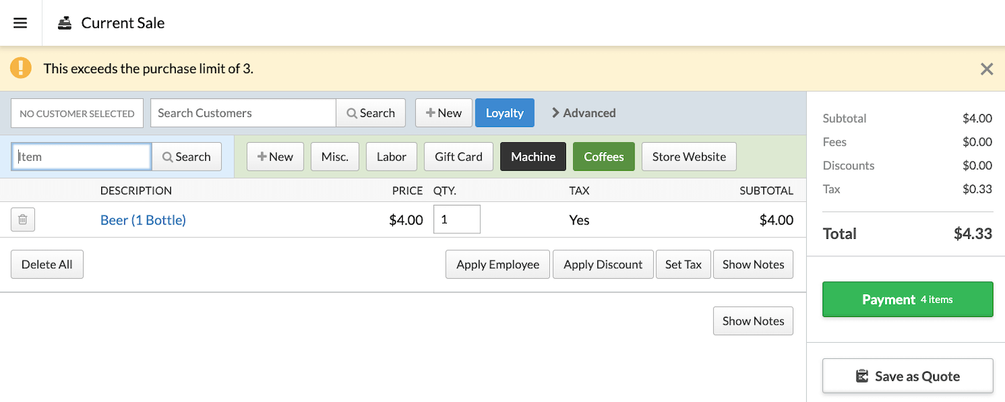 Verkooppagina met banner waarin staat dat de aankooplimiet is overschreden.