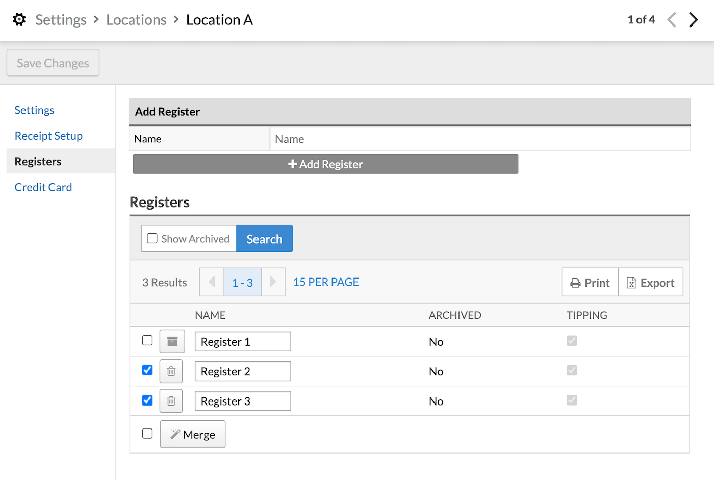 Section Caisses, des caisses sont sélectionnées et l’option Fusionner est visible.