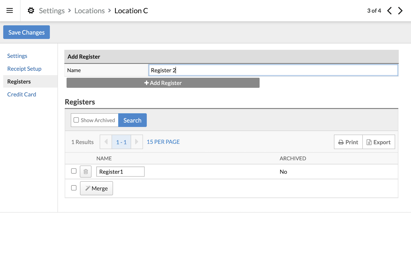 Page de configuration de la caisse.