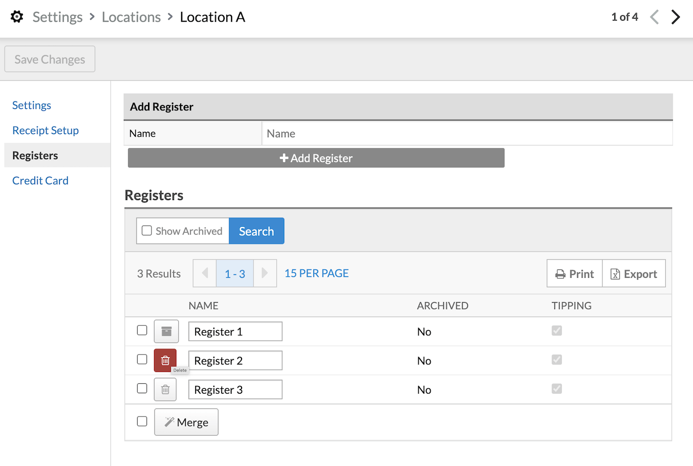 Section Caisses, l’icône de corbeille est mise en évidence.