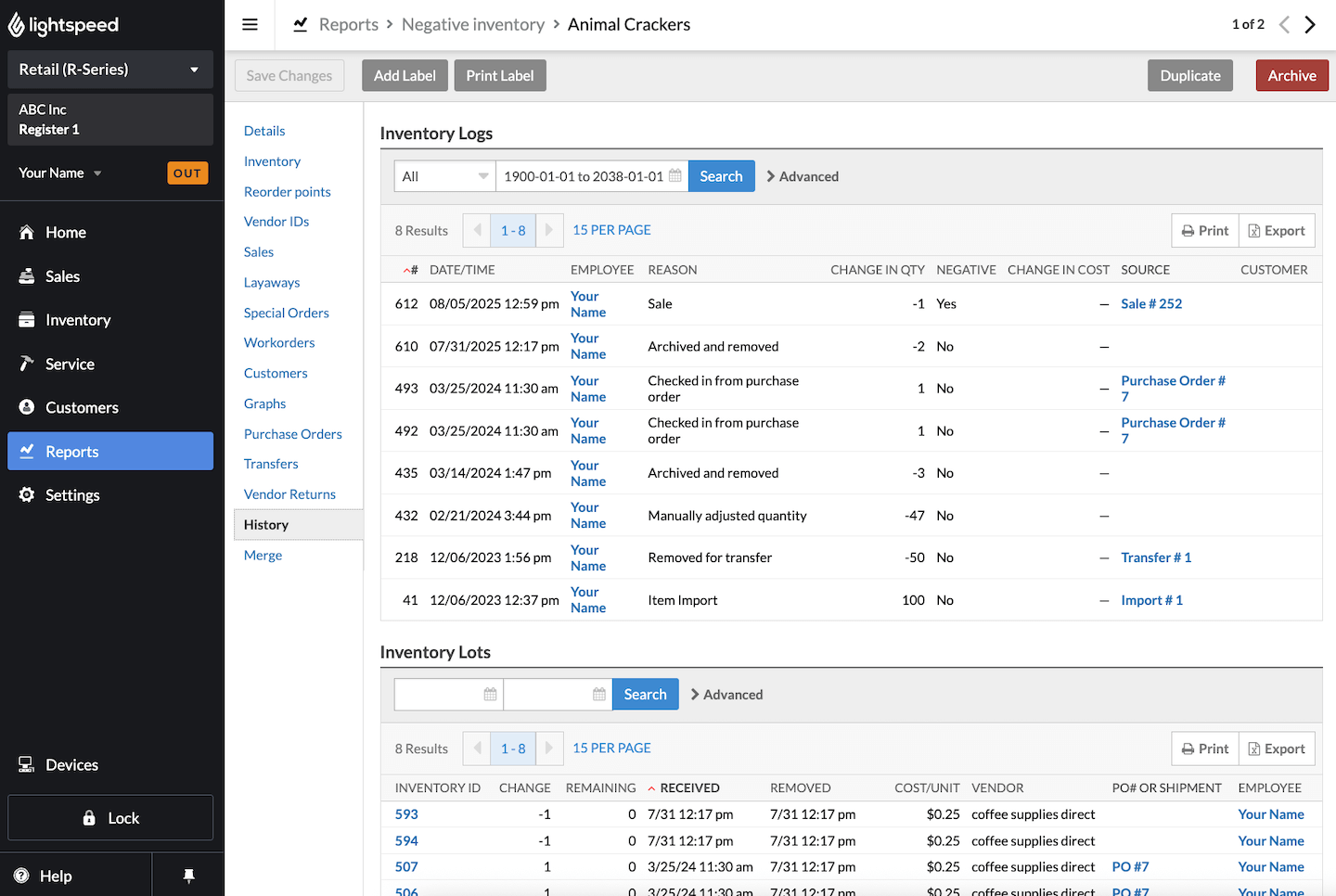Het tabblad Geschiedenis van het item.