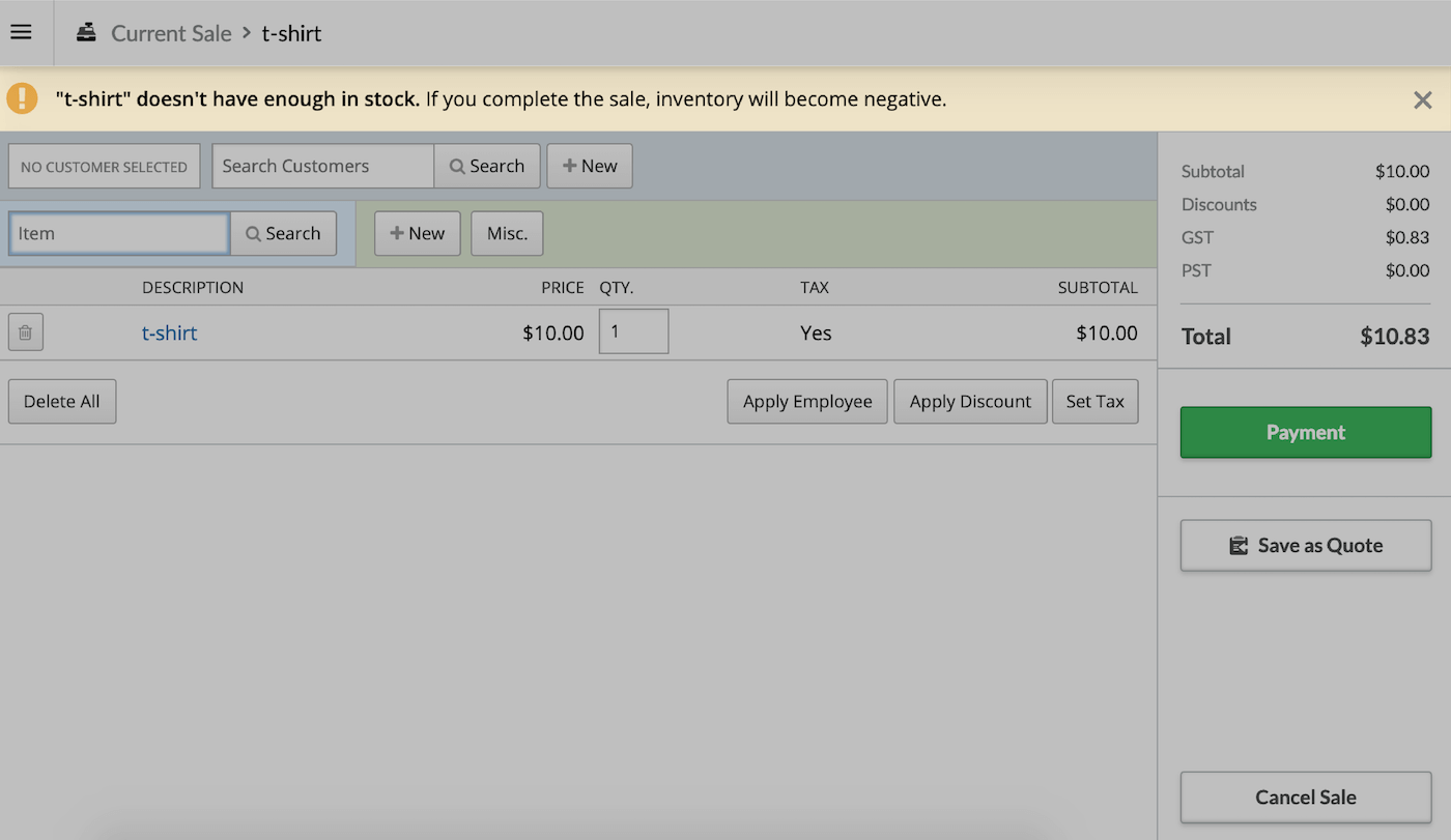 Verkoop met waarschuwing dat het item niet genoeg voorraad heeft en als de verkoop wordt voltooid, de voorraad negatief wordt.