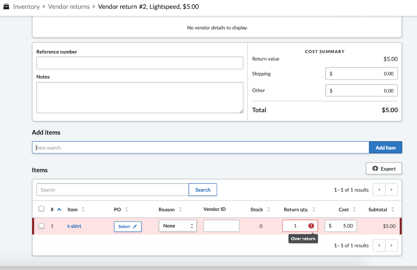 Leveranciersretour met een hogere waarde voor Retouraantal dan de waarde Voorraad. De itemregel is rood gemarkeerd.