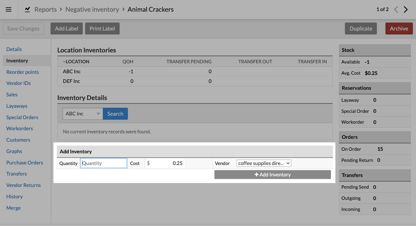 Het tabblad Voorraad met het onderdeel Voorraad toevoegen uitgelicht.