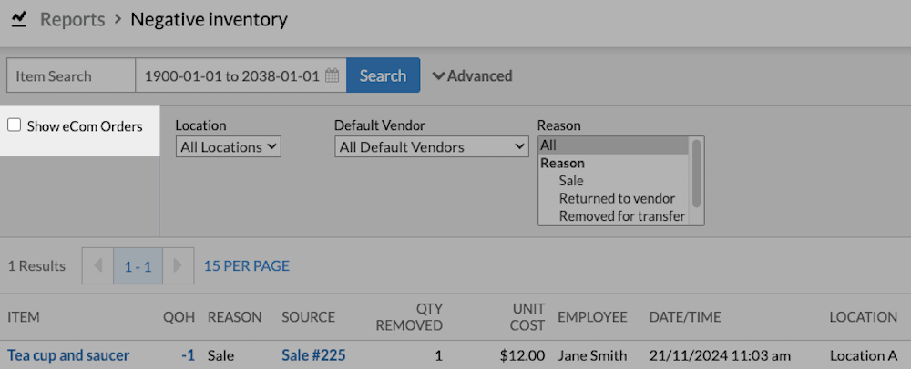 Page du rapport Stocks négatifs, l’option Afficher les commandes Commerce électronique Lightspeed est mise en évidence.