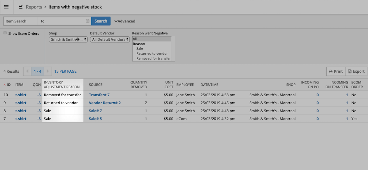 Page du rapport Stocks négatifs, la colonne Raison de l’ajustement des stocks est mise en évidence.