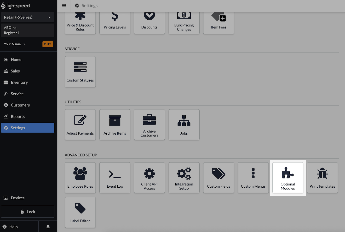 Page Paramètres, la vignette Modules facultatifs est mise en évidence.