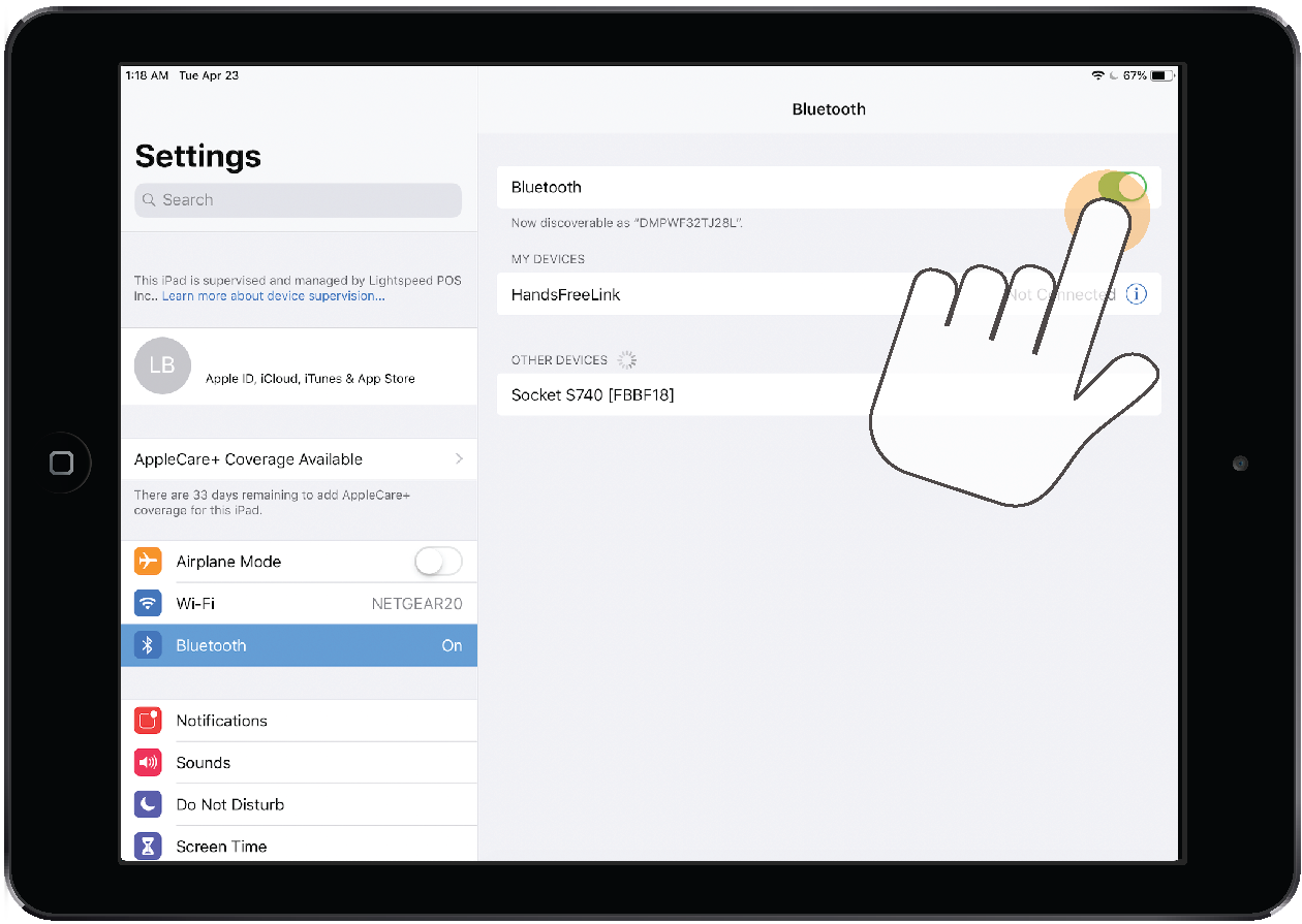 De pagina Bluetooth op een iPad met de schakelaar Bluetooth.