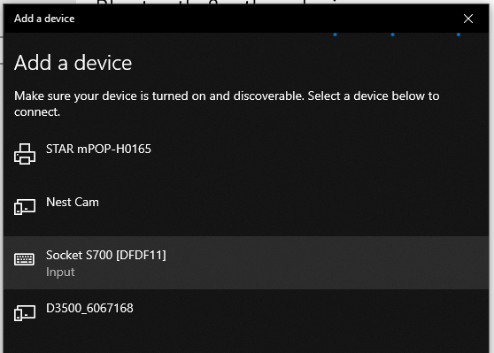 Het scherm Apparaat toevoegen met Socket S700 in de lijst.