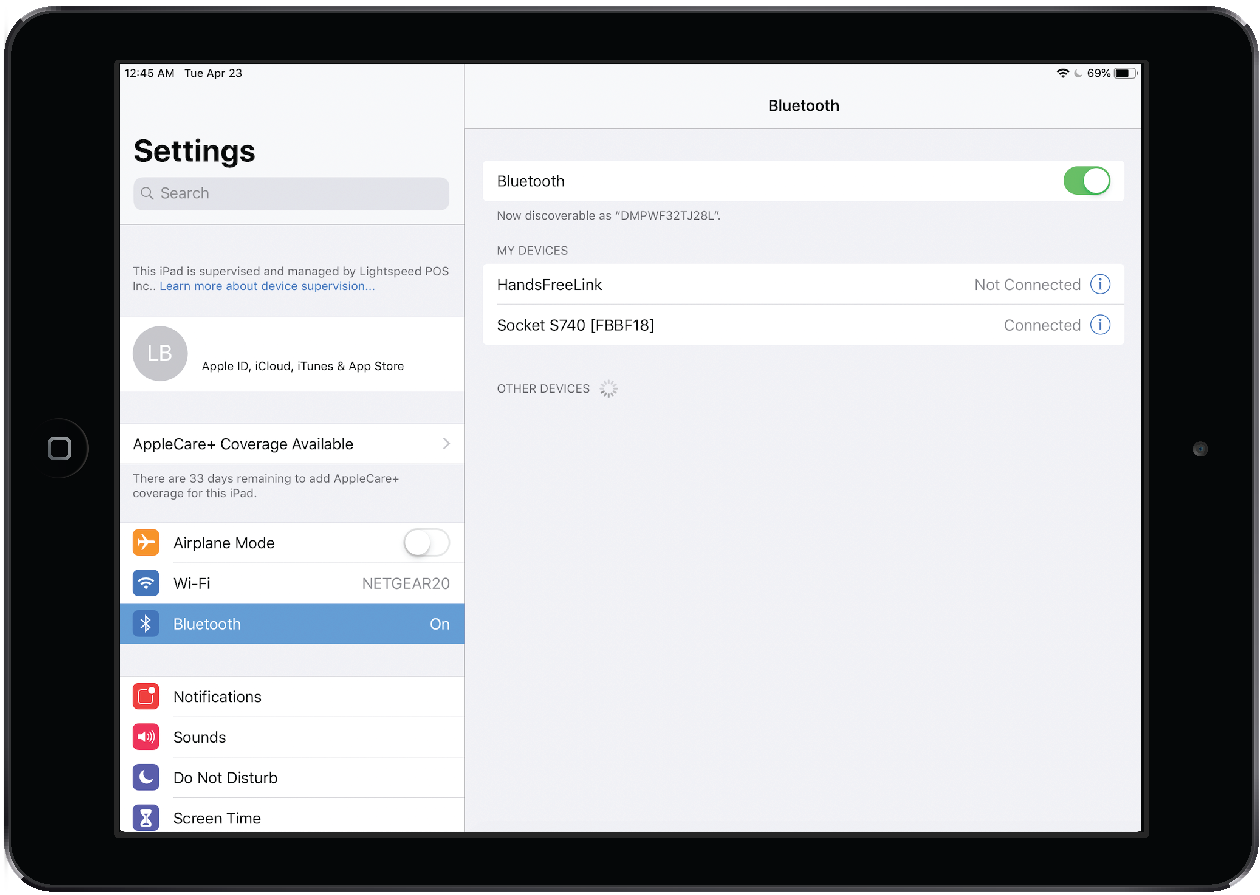 De pagina Bluetooth met verbonden Socket S740.