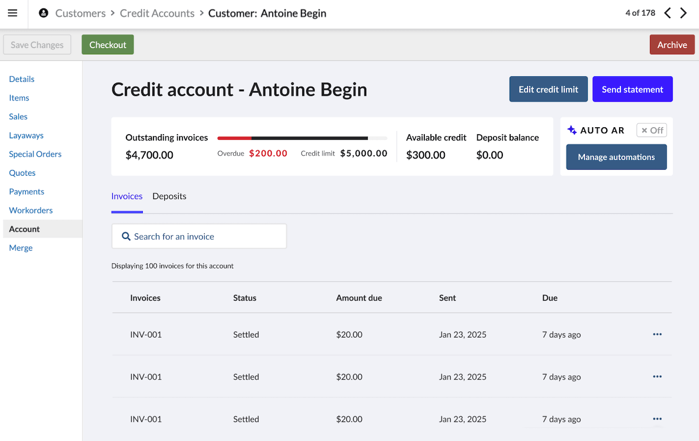 Customer's credit account page showing the Account tab.