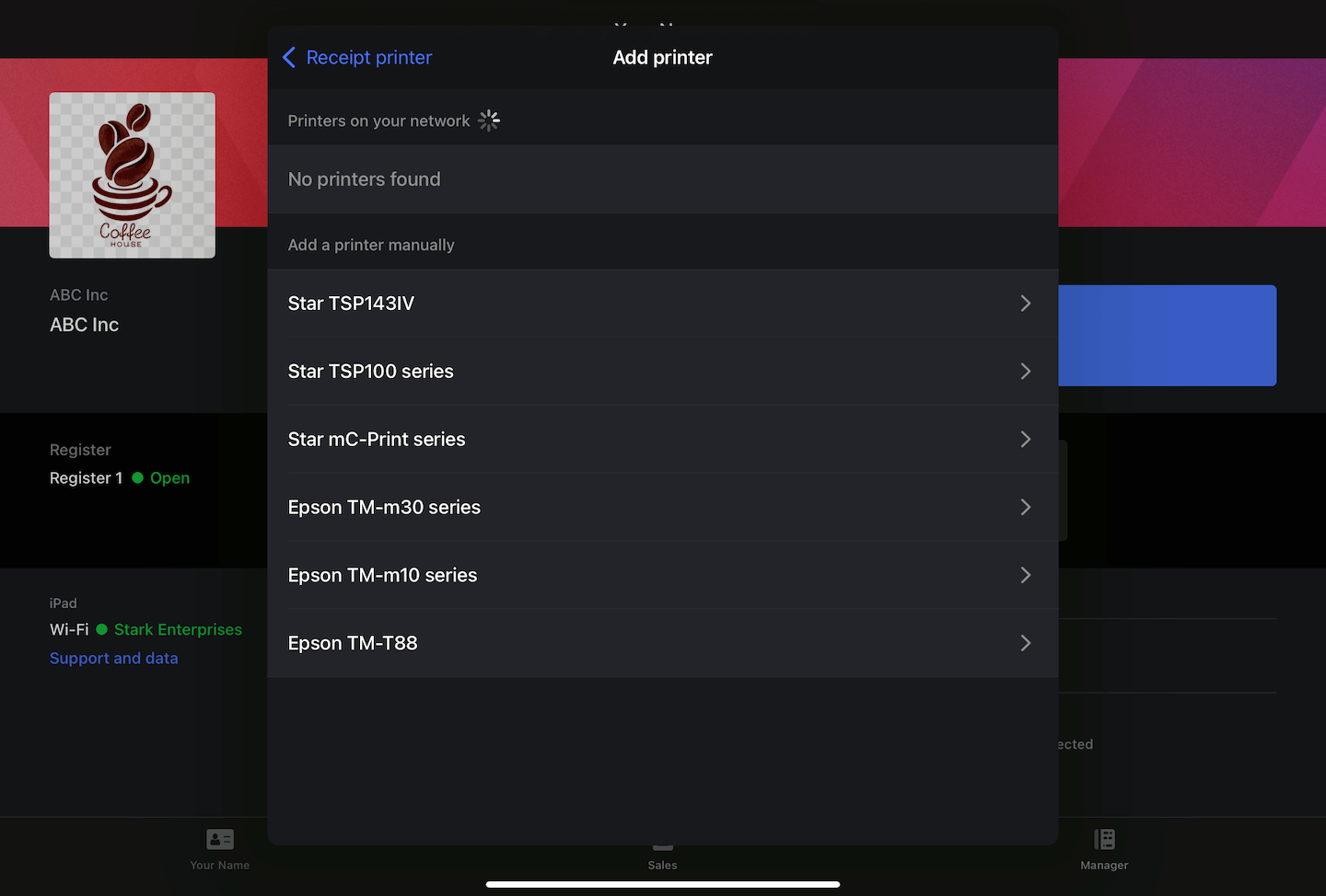 De pagina Printer toevoegen met Printers op het netwerk weergegeven en een lijst met printers om handmatig voor Handmatig een printer toevoegen.