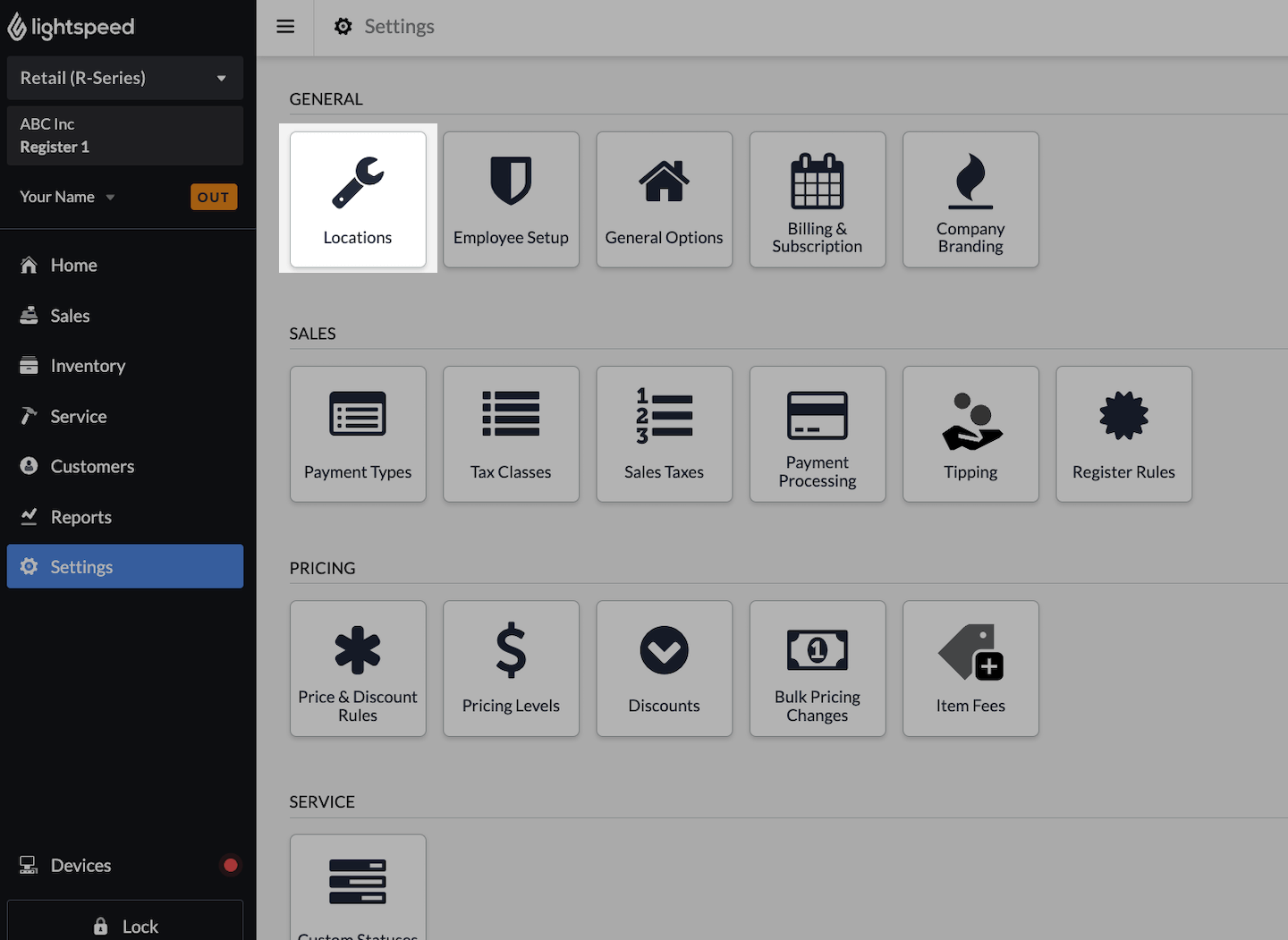 De pagina Instellingen met Locaties uitgelicht.