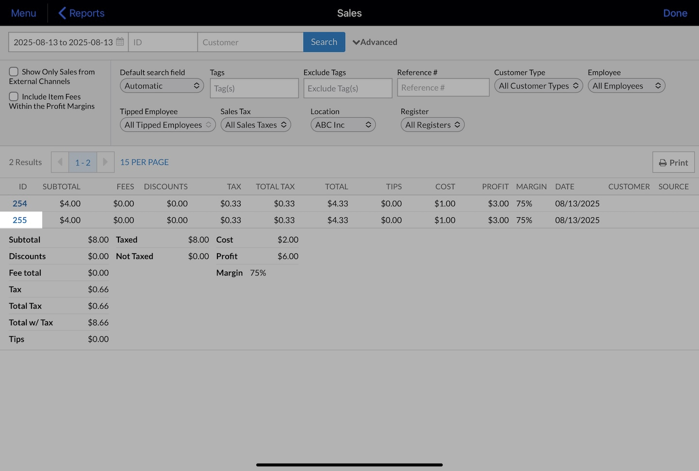 Pagina met verkooptotalen met de ID van de verkoop uitgelicht.