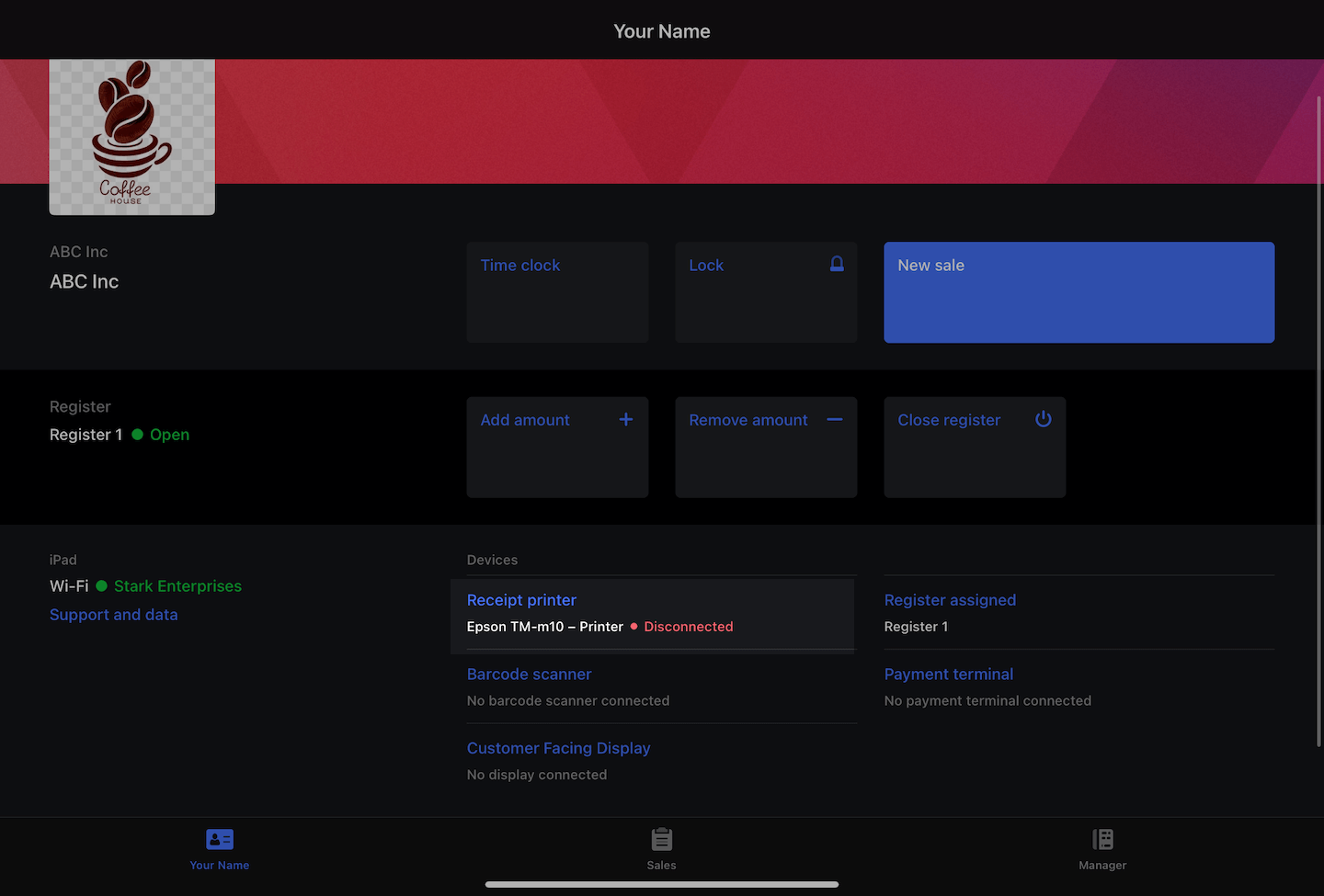 Écran du profil, l’imprimante de reçus est visible.