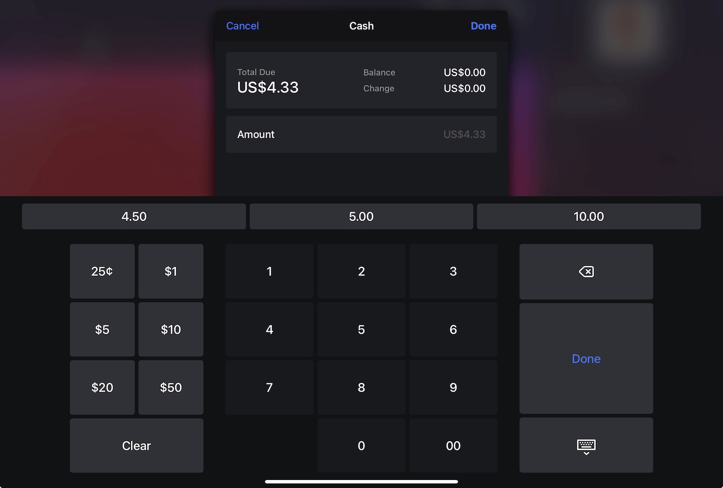 Fenêtre contextuelle de paiement en espèces avec l’option de sélectionner Terminé et de payer la valeur maximale en espèces.