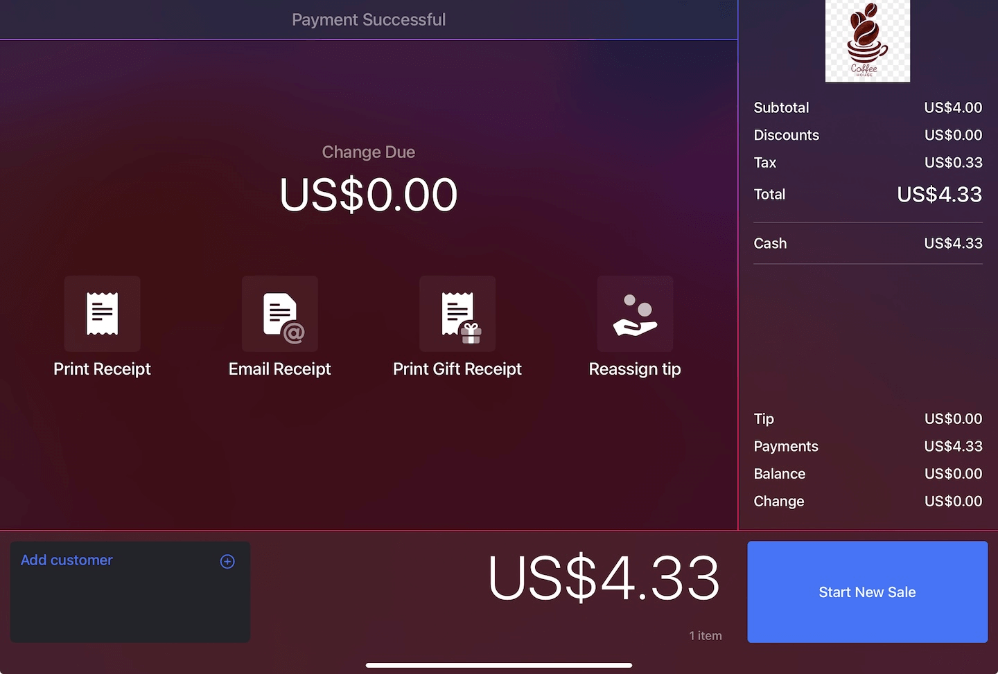 Vente terminée avec l’option Imprimer le reçu.