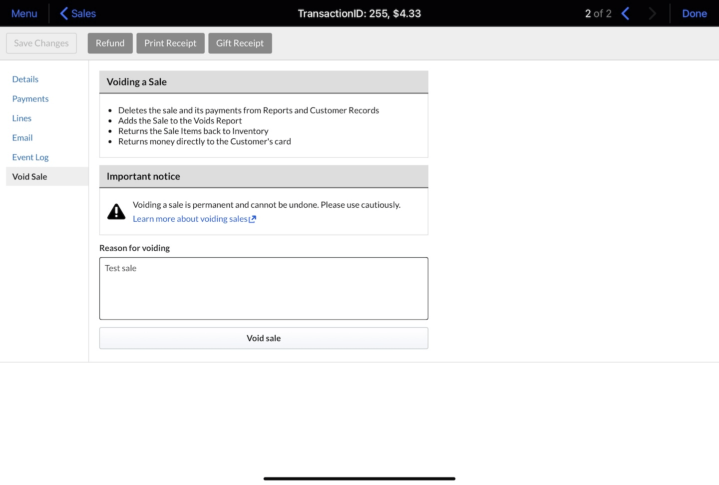 Onglet Annuler la vente affichant un avertissement indiquant que l’annulation d’une vente est permanente. Le bouton Annuler la vente est également visible.