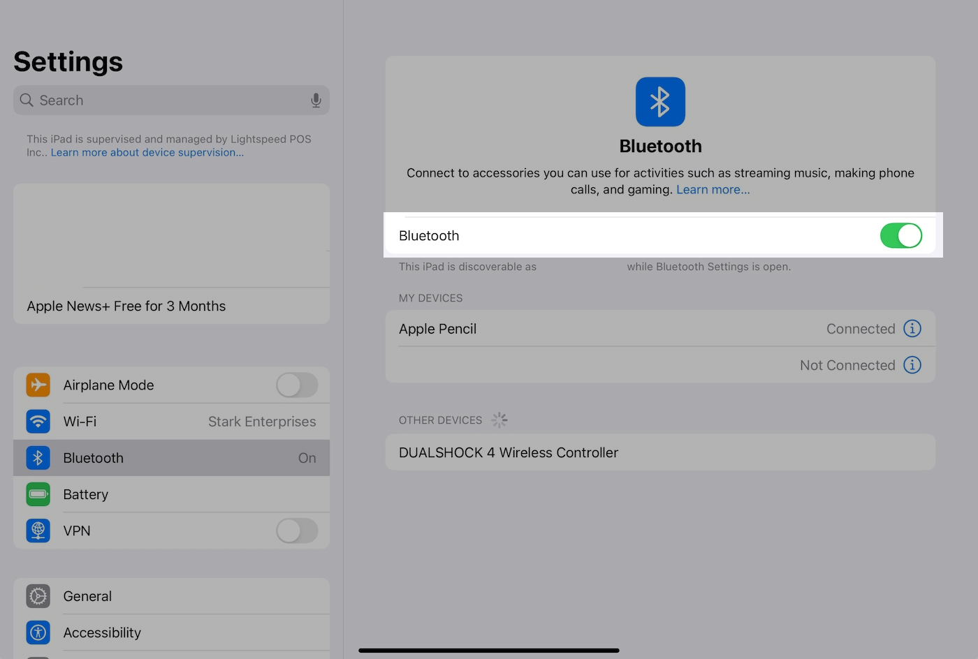 Page Bluetooth dans les réglages, le Bluetooth est activé.