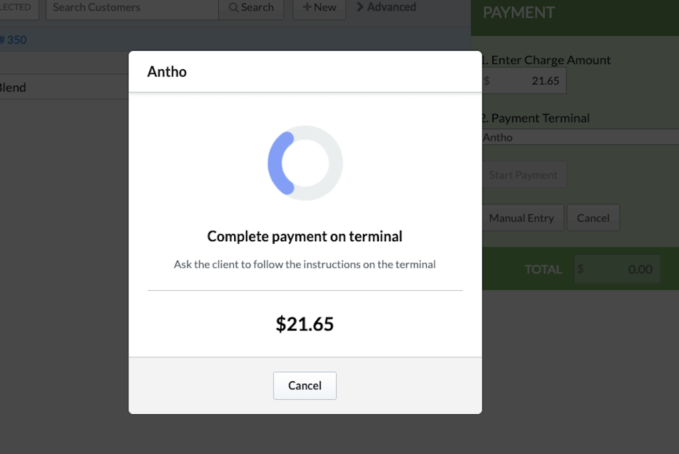 Scherm van de betalingsverwerking met de knop Annuleren zichtbaar.