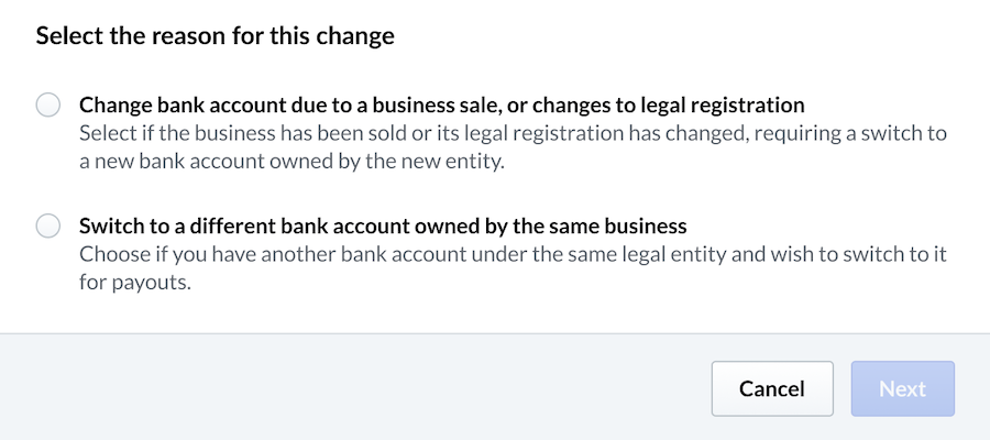 Op de afbeelding wordt een pop-upvenster weergegeven waar de reden voor de wijziging van de bankrekening moet worden opgegeven.