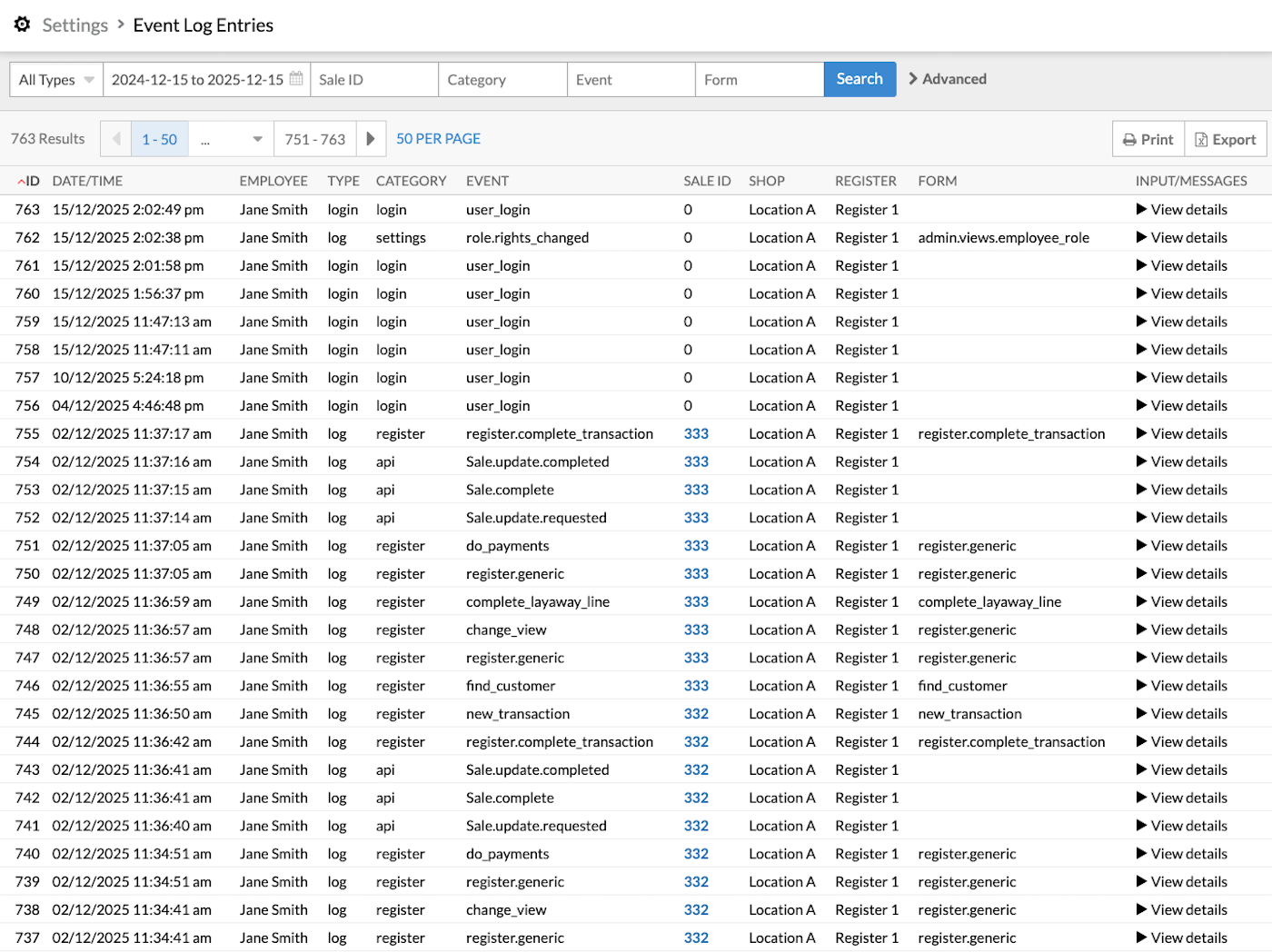 Event log page showing list of previous events.