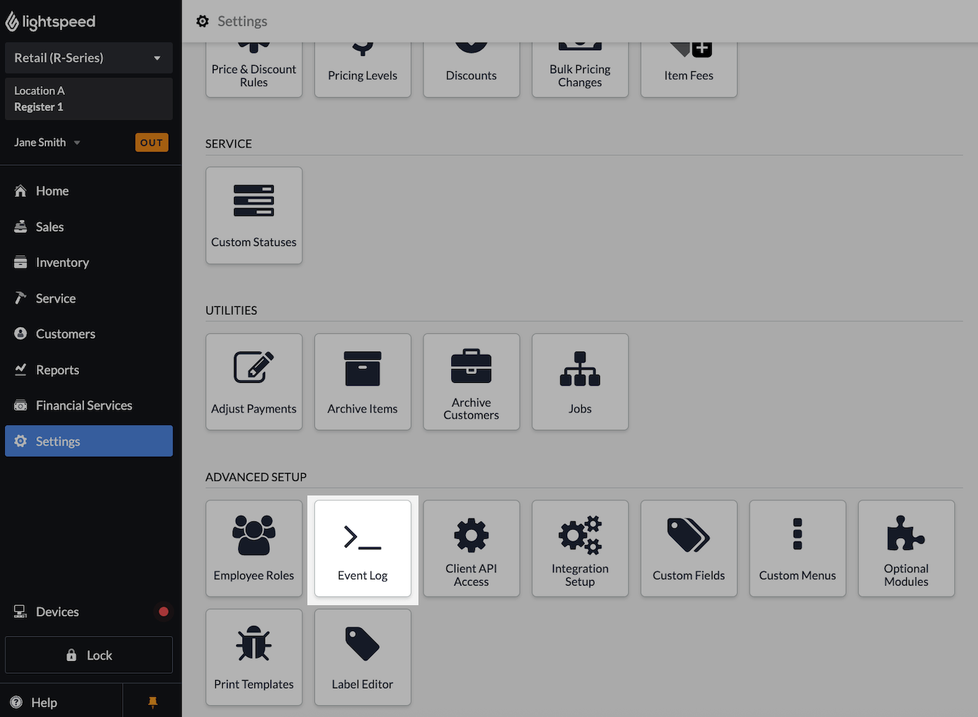 Settings page with Event log emphasized.