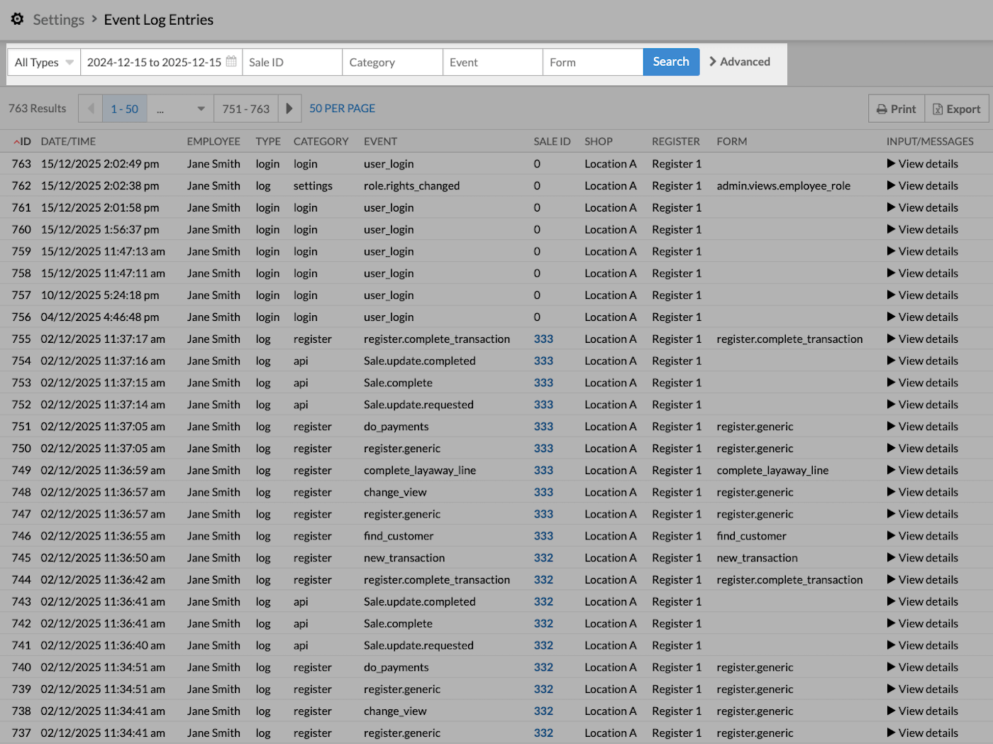 Event log page with filters emphasized.