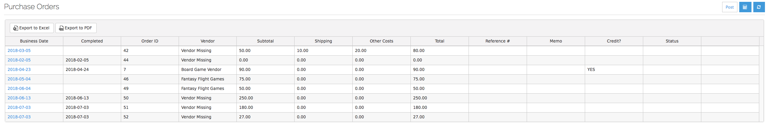 The Purchase Orders tabl.