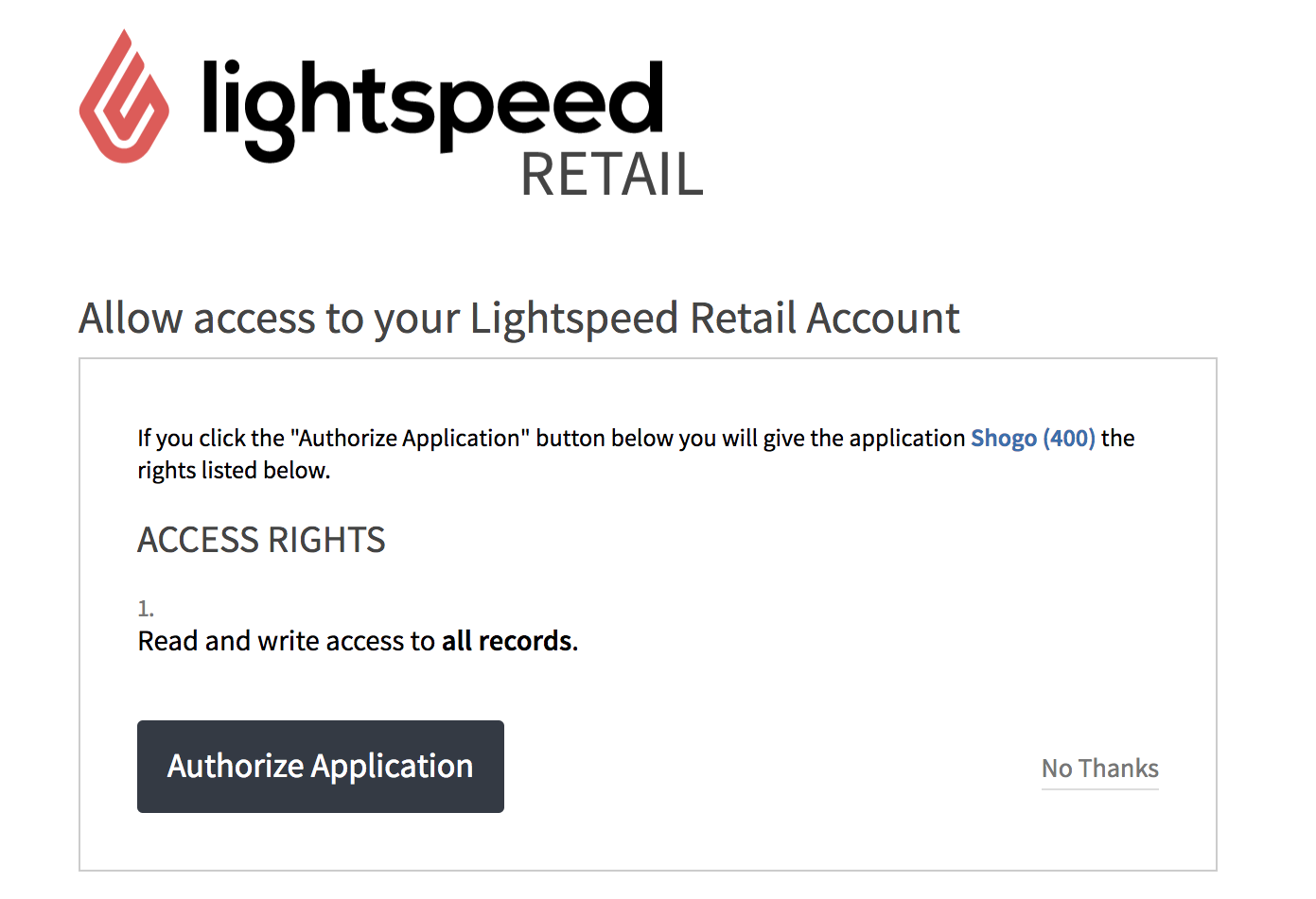 The authorization page to allow access to Lightspeed Retail.
