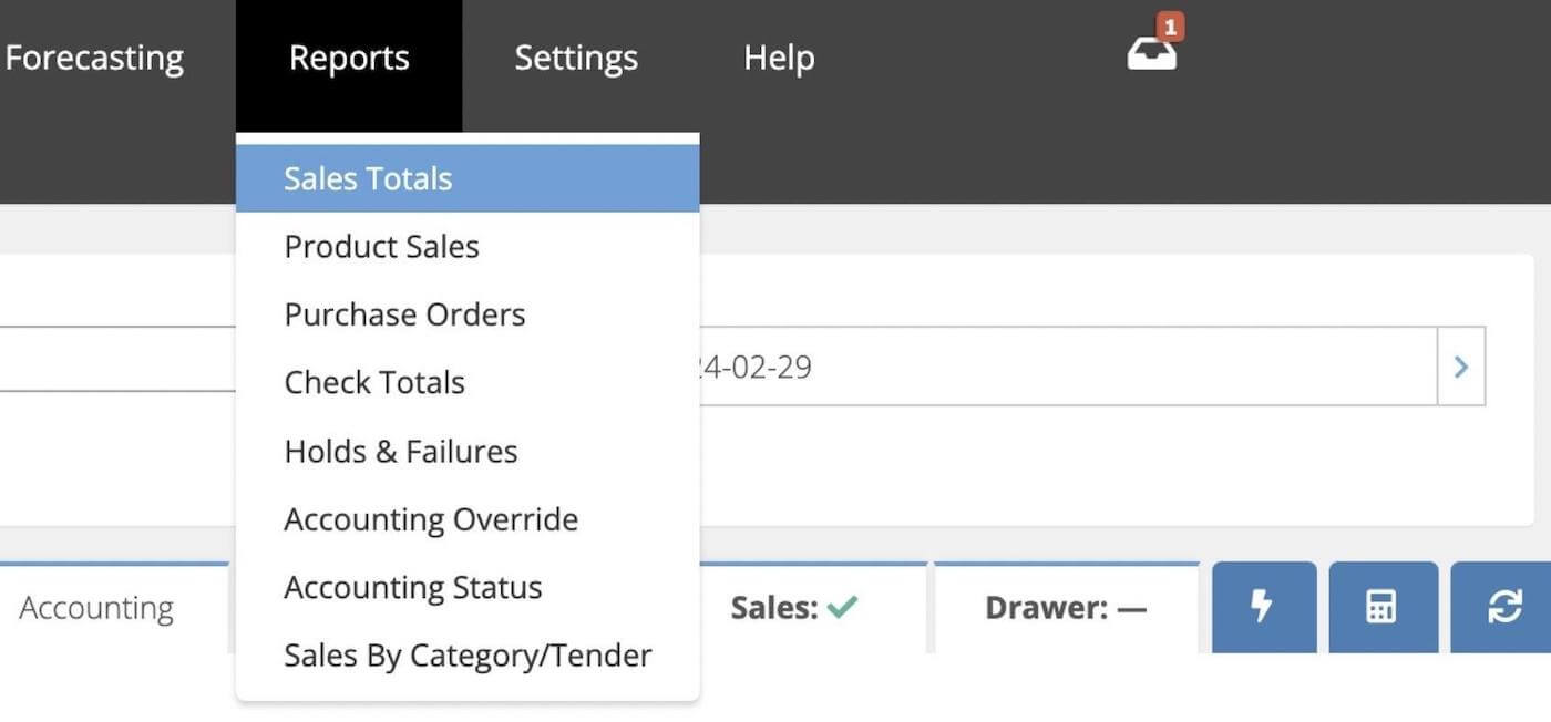 The Reports dropdown highlighting Sales Totals.