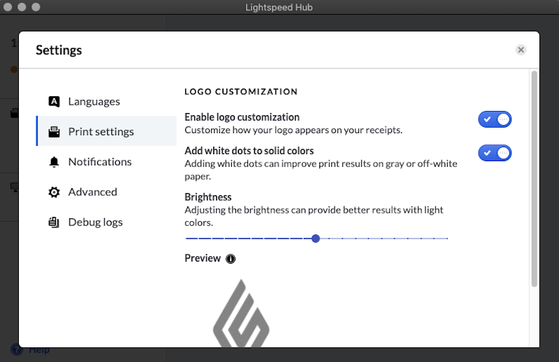 Lightspeed Hub Print settings