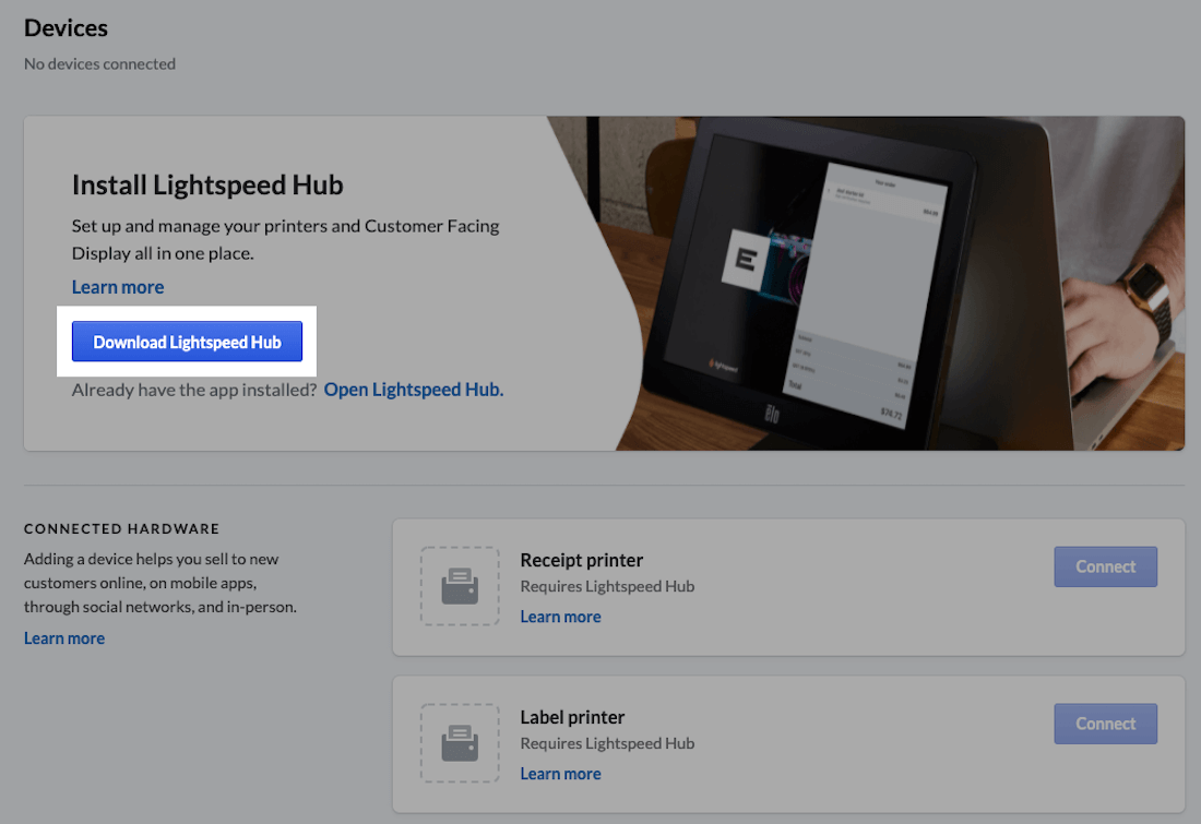 Devices page with Download Lightspeed Hub button highlighted