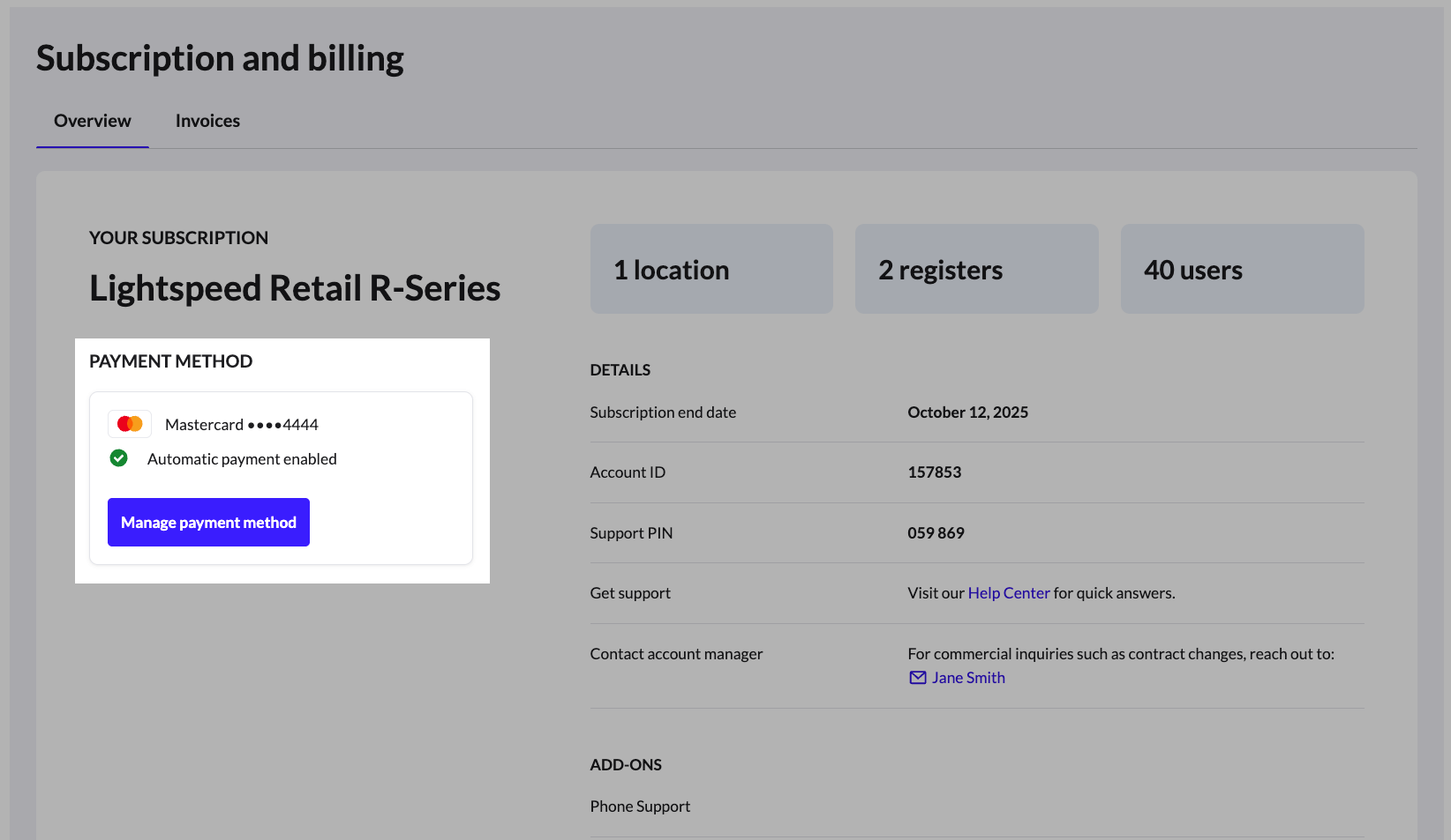 Tabblad Overzicht met de uitgelichte knop Manage payment method (Betaalmethode beheren).