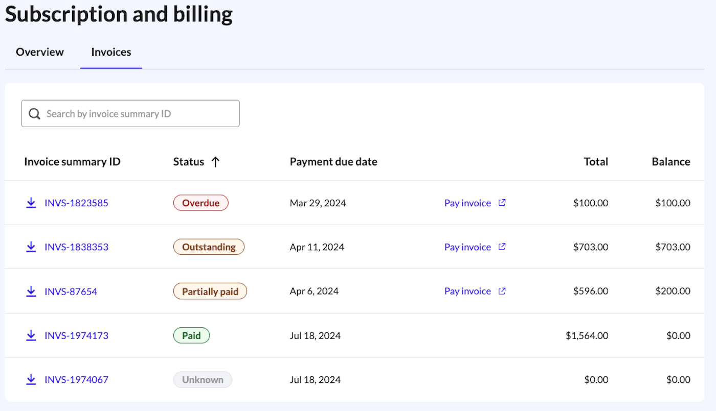 Tabblad Facturen van de Pagina Facturering en abonnement.