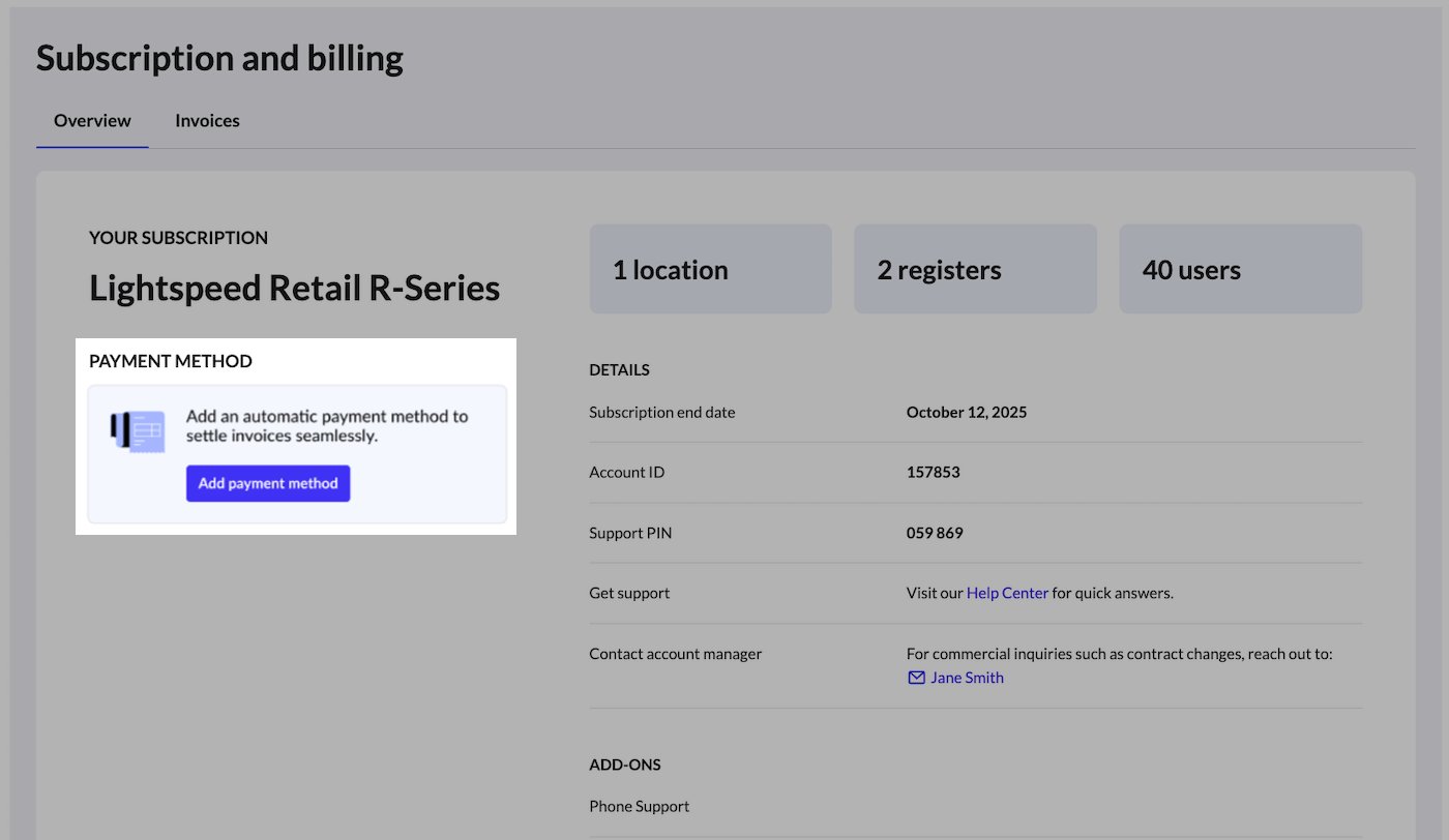 Tabblad Overzicht met de uitgelichte knop Add payment method (Betaalmethode toevoegen).