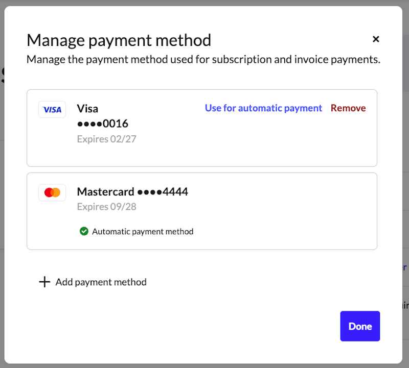 Beschikbare kaarten met de knoppen Remove (Verwijderen) en Use for automatic payment (Gebruiken voor automatische betaling).