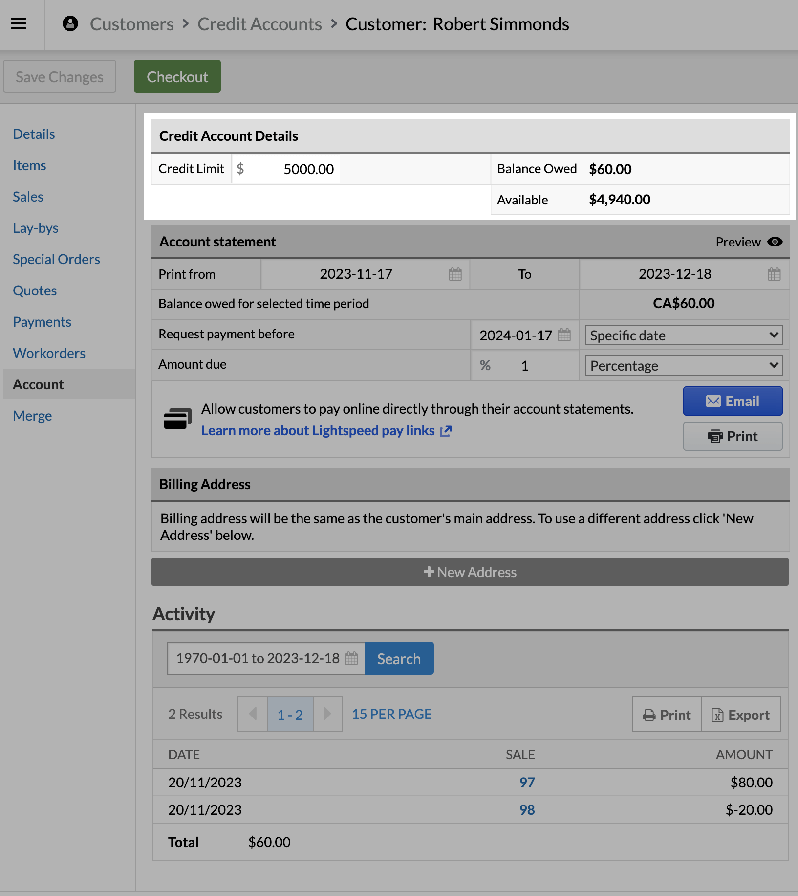 Customer credit account with the customer details section highlighted.