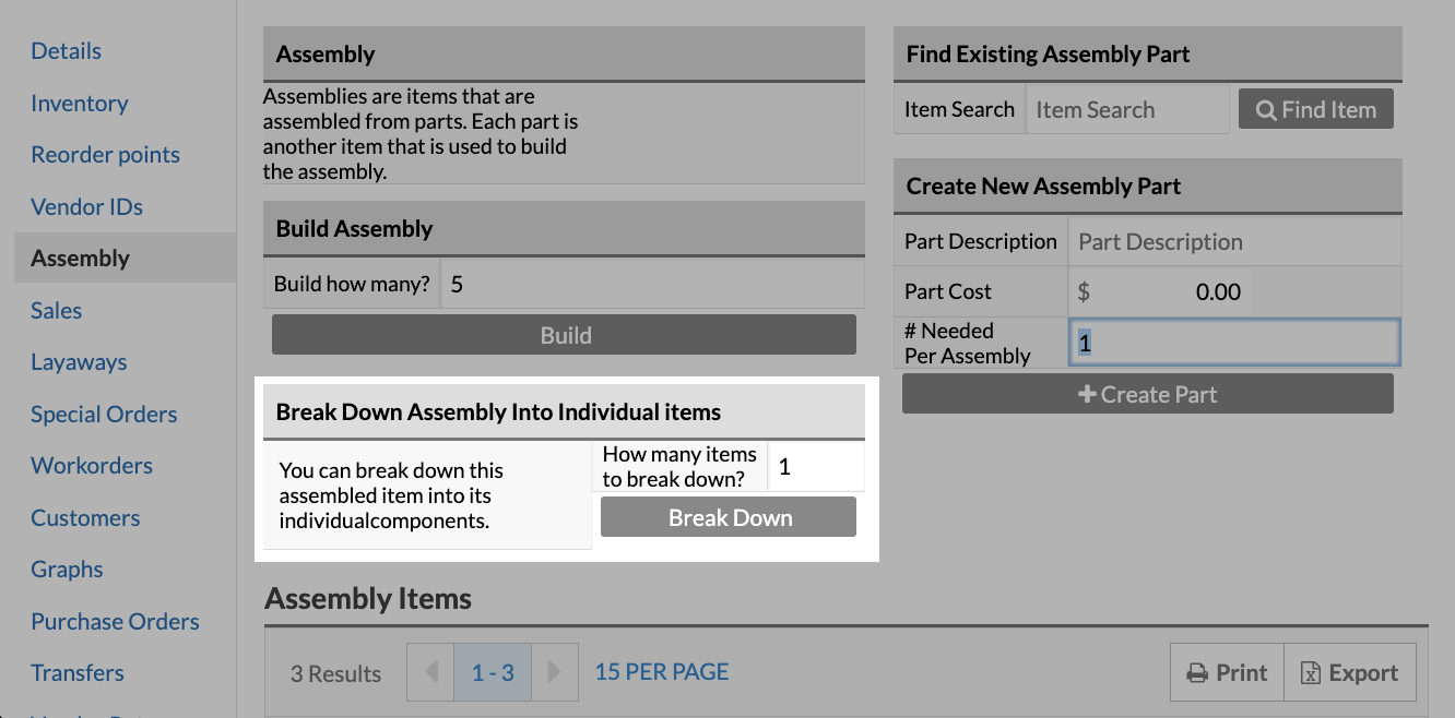 The Break down assembly into individual items section of the Assembly tab.
