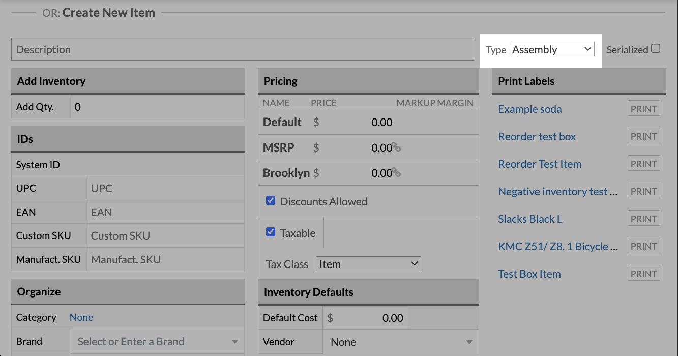A new item highlighting the type dropdown, with Assembly selected.