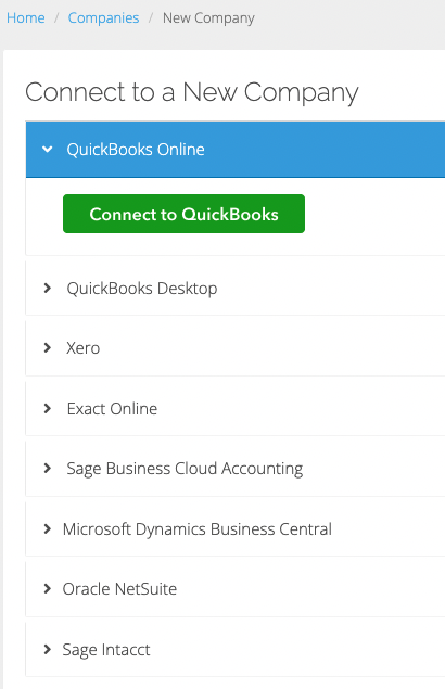 De pagina Nieuw bedrijf waarop QuickBooks Online is geselecteerd.