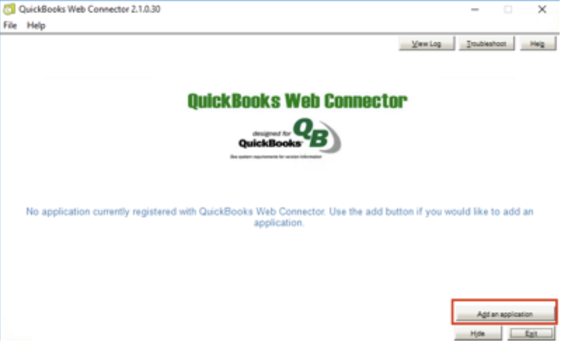 De QuickBooks Web Connector waarin de knop Add an application (Applicatie toevoegen) is uitgelicht.