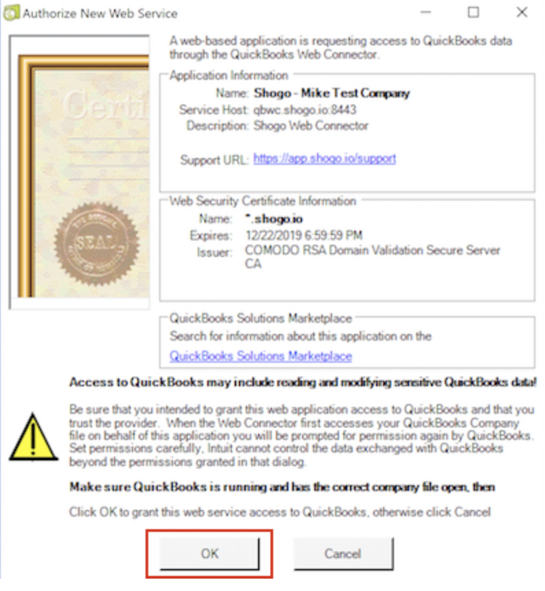 Authorize New Web Service (Nieuwe webservice autoriseren) met de knop OK uitgelicht.