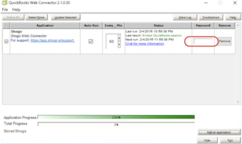 Web Connector waarin het veld Password (Wachtwoord) is uitgelicht.