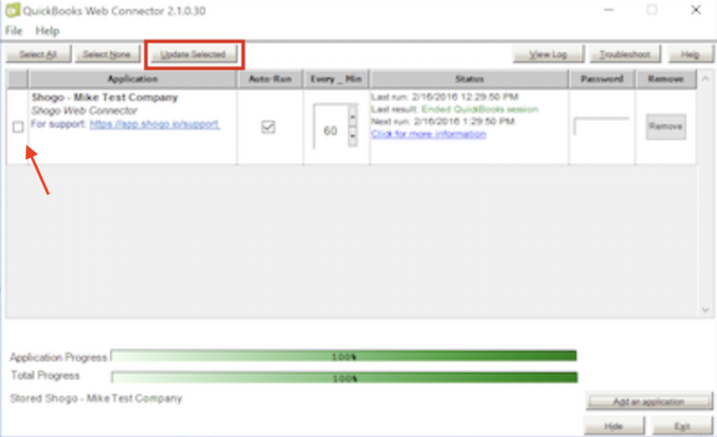 Web Connector met de knop Update Selected (Selectie bijwerken) uitgelicht