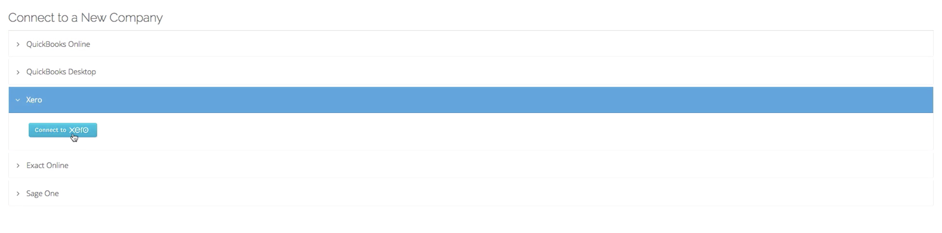 De pagina om verbinding te maken met een nieuw bedrijf waarin de optie Xero is geselecteerd.