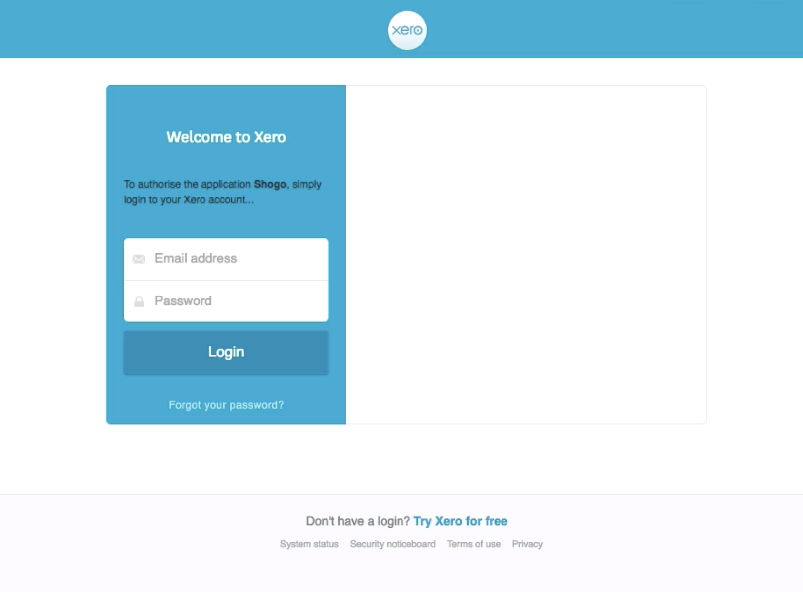 Het aanmeldscherm van Xero waarin je wordt gevraagd je inloggegevens in te voeren. 